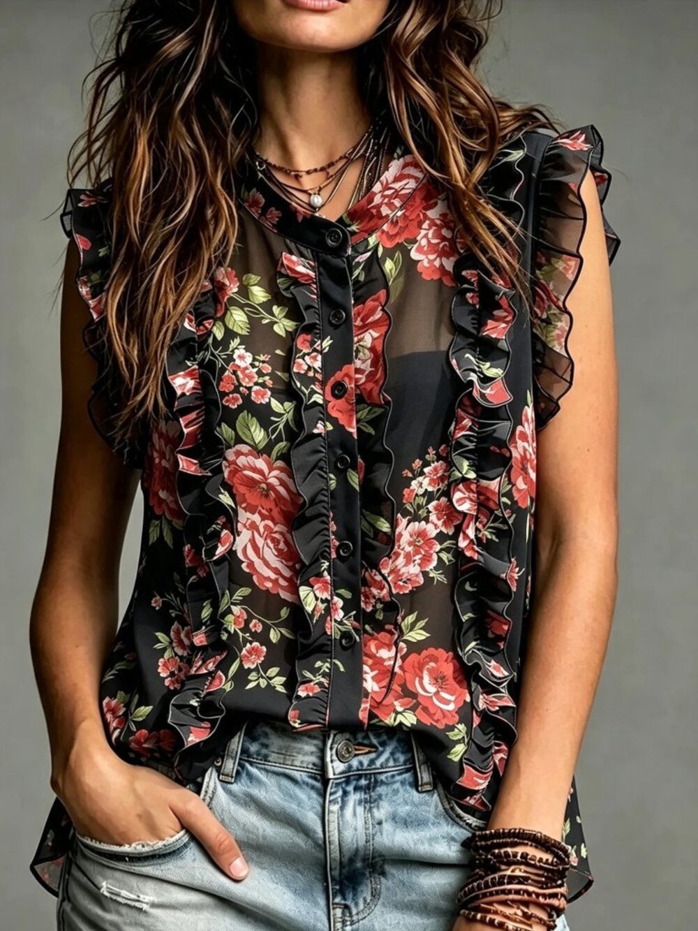 Black Boho Women's French Floral Print Ruffle Trim Stand Collar Regular Fit Top